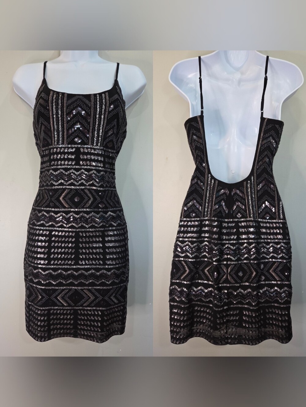 Express Black Heavy Silver Beaded Mini Dress Size Small Scoop Back Indie Sleeze